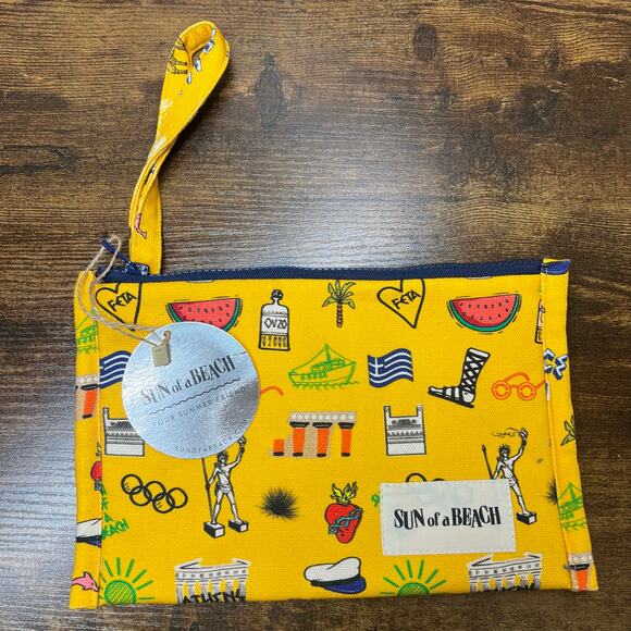 Sun of a Beach Little Waterproof Pouch Yellow Greece Vacation Travel Canvas New - Picture 1 of 8